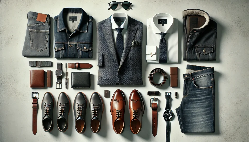 a neatly arranged collection of essential men's clothing and accessories. The layout includes items such as a navy blazer, white dress shirt, dark suit, leather shoes, denim jacket, leather belt, leather wallet, watch, and sunglasses.