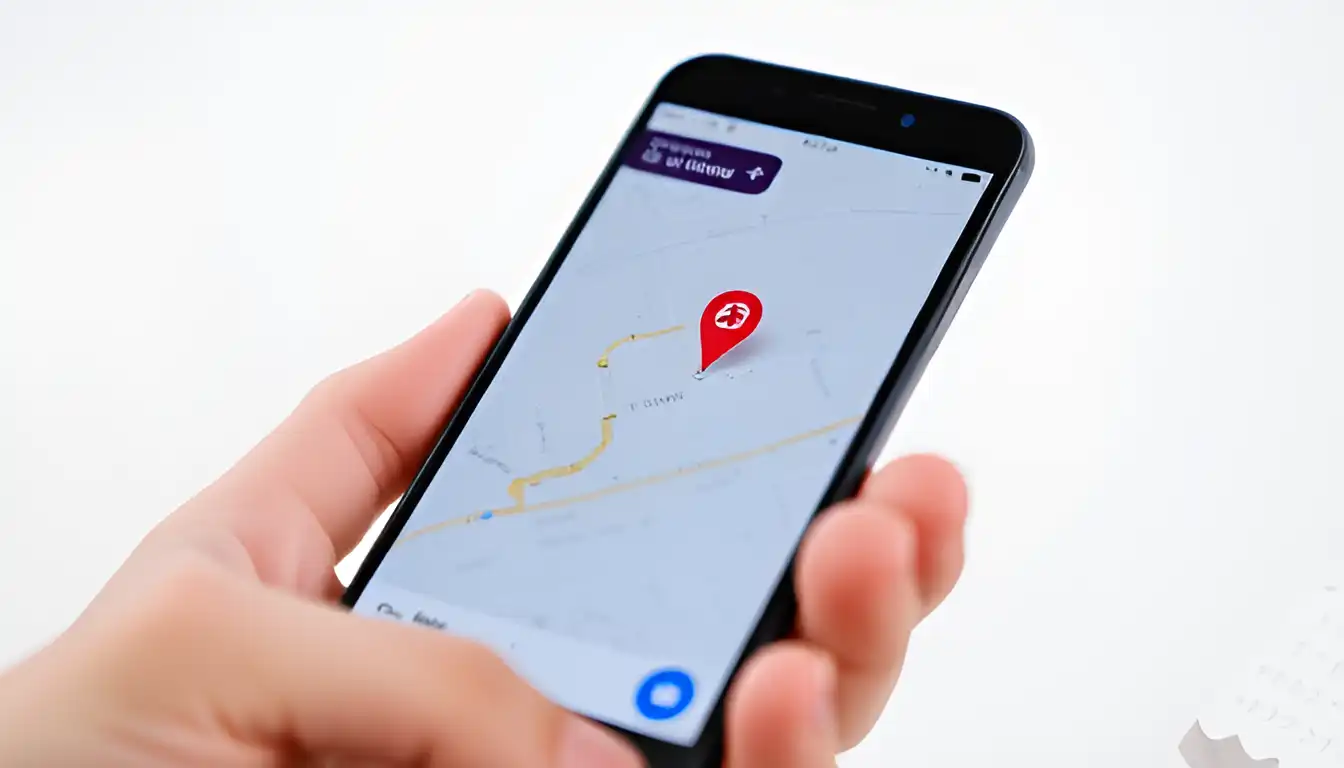 A close-up image of a smartphone displaying a map on its screen, with visible location markers, roads, and geographic details, held against a neutral background.