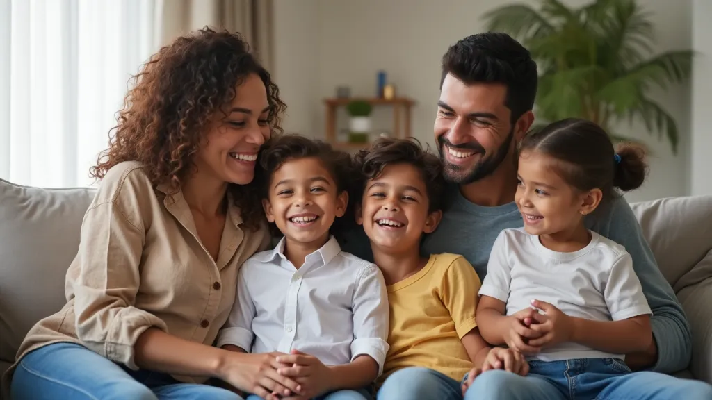 A picture of a happy family sitting closely together on a couch, smiling and enjoying each other's company, with a warm and relaxed atmosphere in the background.