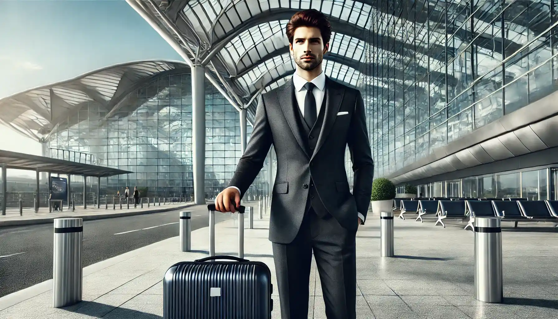 An elegant man dressed in a tailored dark suit, carrying a modern suitcase, standing confidently in front of a contemporary airport terminal.