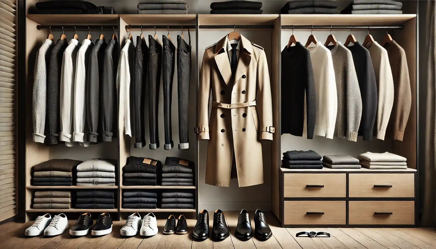 A minimalist men's wardrobe: a neatly arranged closet with only 10 essential clothing pieces.