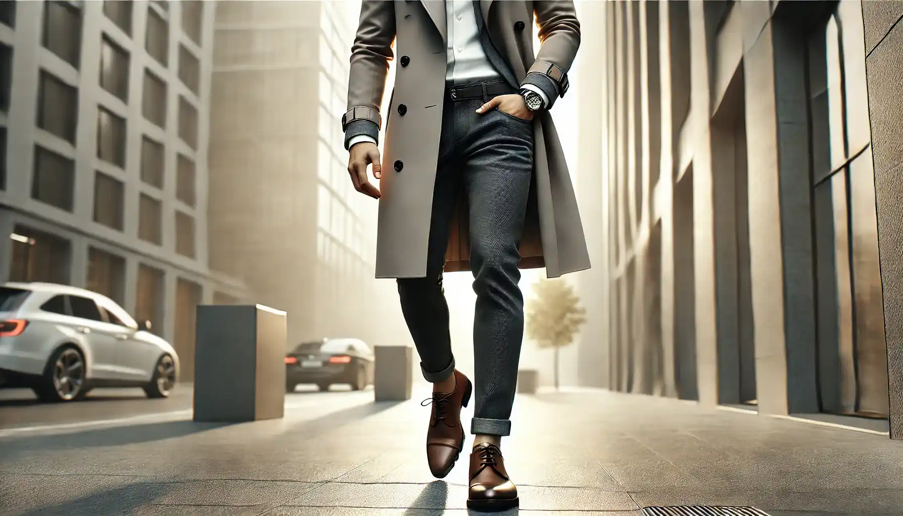 A stylish man is walking down the street wearing a minimalist outfit. He is dressed in a well-fitted trench coat, dark jeans, a white shirt, and classic leather shoes, accessorized with a wristwatch.