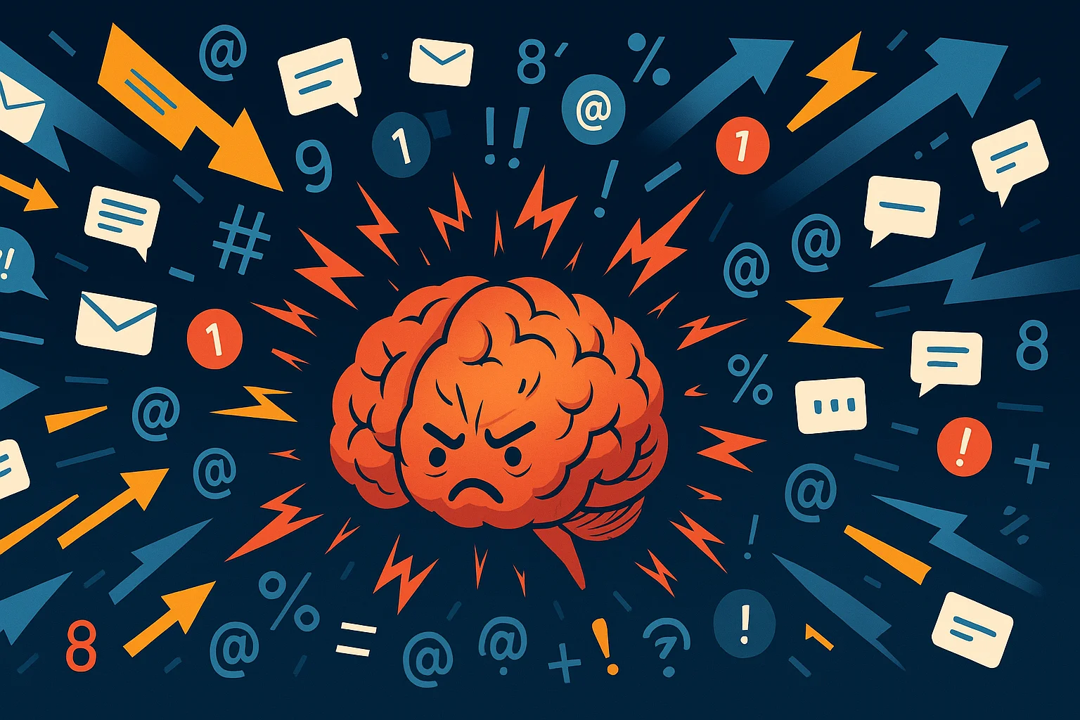 Brain stressed under heavy information flow, concept of mental fatigue.