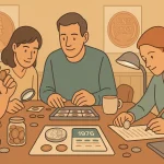 A group of collectors gathered at the table taking notes about wheat pennies.