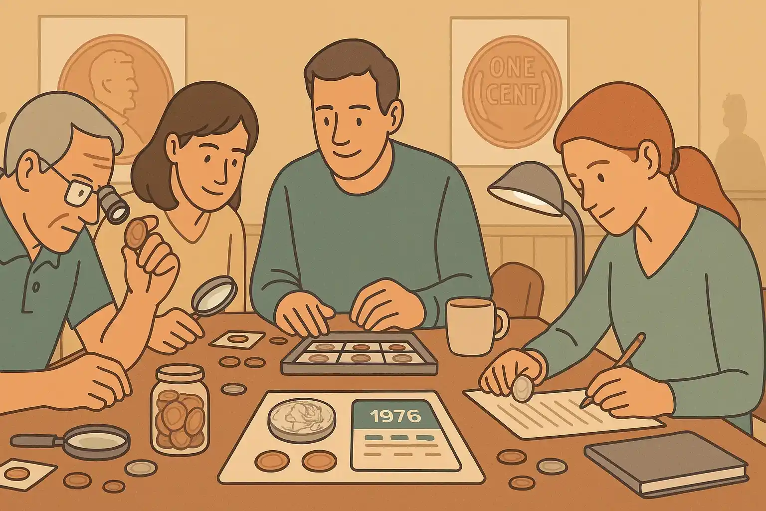 A group of collectors gathered at the table taking notes about wheat pennies.