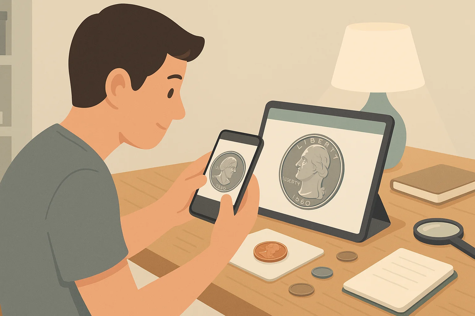 A young collector compares different pennies during a research.