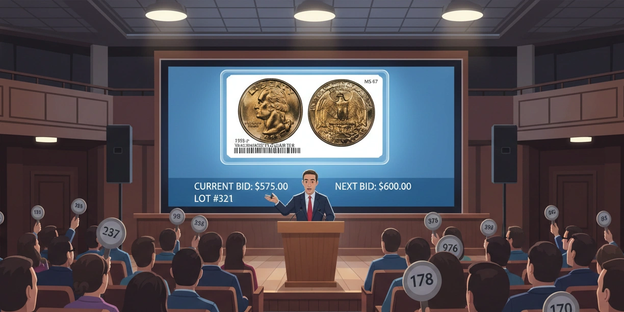 An auction scene featuring a graded 1998 quarter