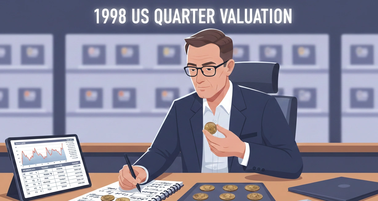 A coin dealer calculating potential 1998 quarter value, notebook open